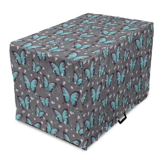Butterflies Dog Crate Cover, Pattern of Repetitive Spring Flower Silhouettes Spring Season Design, Easy to Use Pet Kennel Cover Small Dogs Puppies Kittens, 7 Sizes, Seafoam and Grey, by Ambesonne