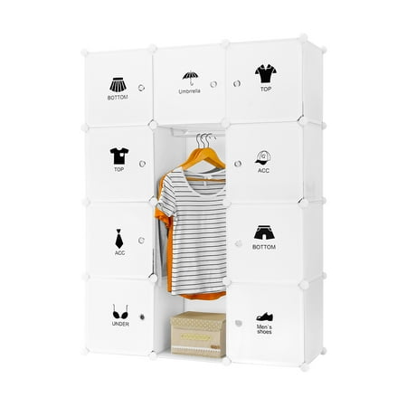 LANGRIA 12-Cube DIY Interlocking Modular Shelving Storage Organizer Closet with Doors, Simple Hanging Rod, Clothing Fashion Icon Stickers and Red Lip