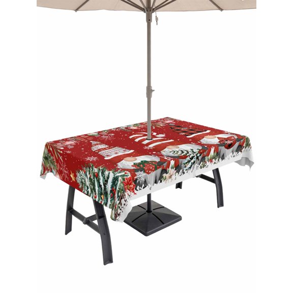 Outdoor Tablecloth with Umbrella Hole and Zipper, Red Christmas Rectangle Table Cloth 54x80 Inch Waterproof Tablecloth, Gnomes Xmas Tree Poinsettia Eucalyptus Picnic Table Cover for Patio Camping