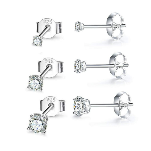 Juego de aretes de plata de ley con circonita cúbica de 2 a 8 mm, bola redonda pequeña hipoalergénica, corte redondo chapado en oro blanco