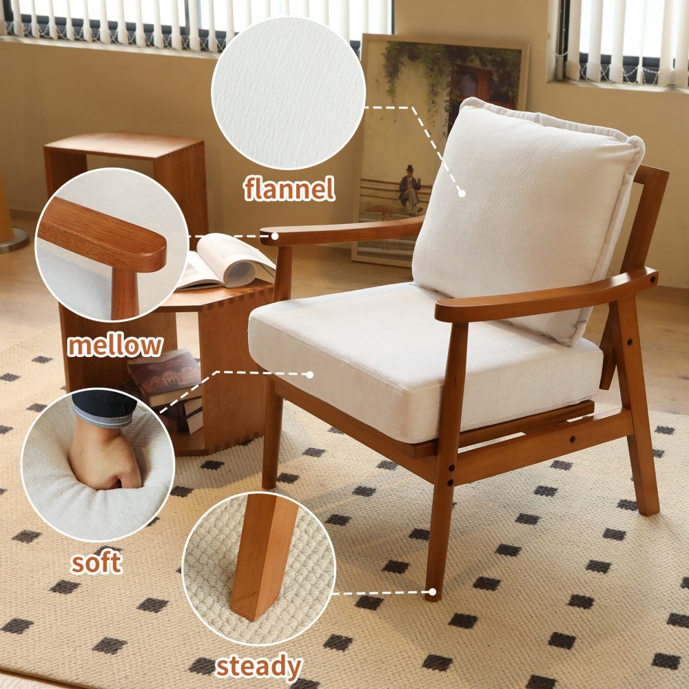 Accent Chair, Modern Upholstered Armchair with Soft Fabric Cushion & Solid Wood Legs, Cozy Reading Chair for Living Room, Bedroom & Apartment, White & Light Brown