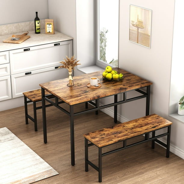 SYNGAR 3 Piece Kitchen Table Set, Modern Dining Set with 2 Benches ...