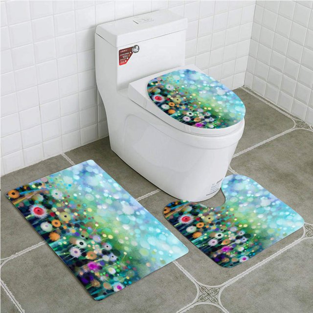 ABPHQTO Flores Abstractas Diente De León Pintura A La Acuarela Juego de alfombras de baño de 3 piezas Alfombra de baño Alfombra de contorno y tapa de inodoro