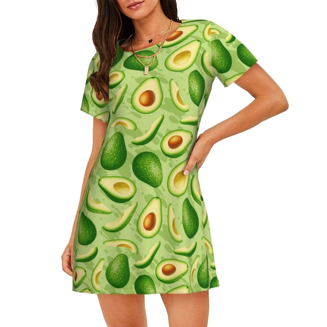 Balery Green Avocado Camisón de manga corta con cuello redondo para mujer, cómodo y elegante.