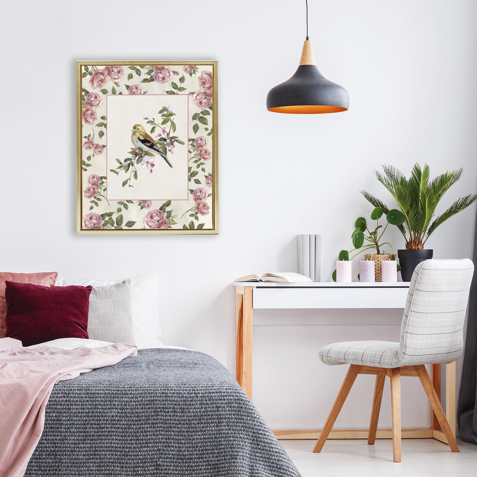 Stupell Industries Perched Bird with Dainty Roses Gold Framed Floater Canvas Wall Art, design by Sally Swatland