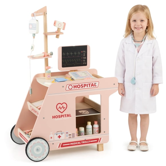 Costway Wooden Doctor Playset with Cart Toy Accessories for Toddlers Pink