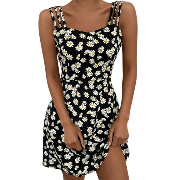 XVJRHAK Petite Dresses for Women Women No-Positioning Strap Daisy Print Sleeveless Dress Mid-Length(black,L)