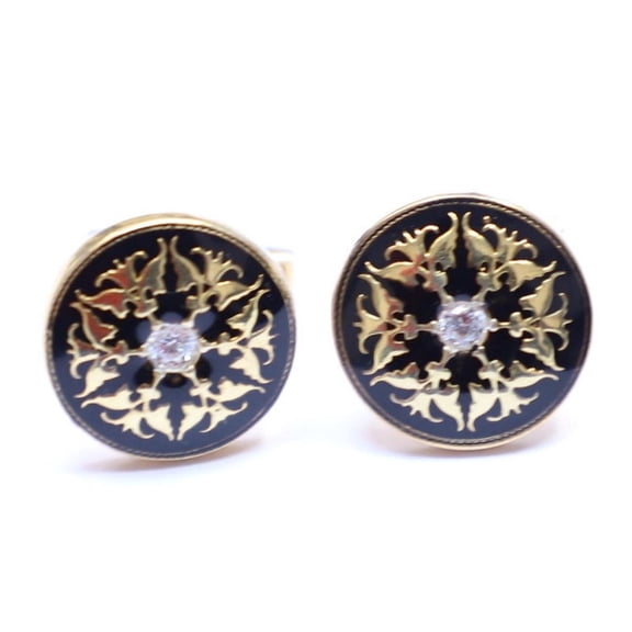 Mens Shirt Accessories Black Enamel Cubic Zircon Sterling Silver Gold Cufflink