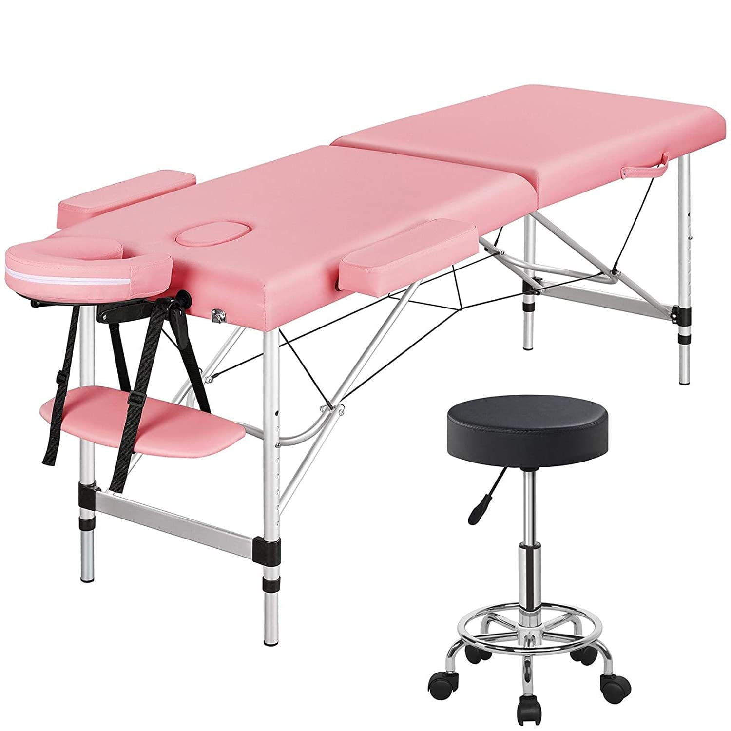 2 Folding Pink Massage Table with Black Rolling Stool Portable Massage Bed Spa Bed Stool