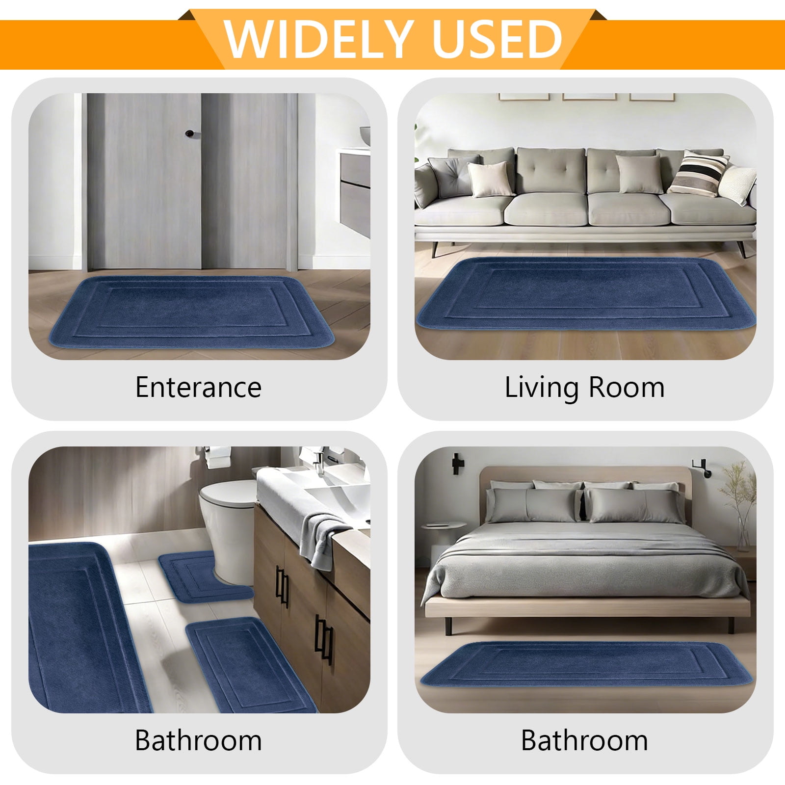 Tripumer 3 Pcs Navy Blue Memory Foam Bath Mat Set Bathroom Rugs Set U Shape Toilet Mats for Toilet Shower Sink