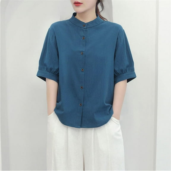 ECZHAW Womens Tops ,Womens Summer Blouse Cardigan Casual Puff Short Sleeve Button Down Cotton Linen Shirts Loose Work Tops