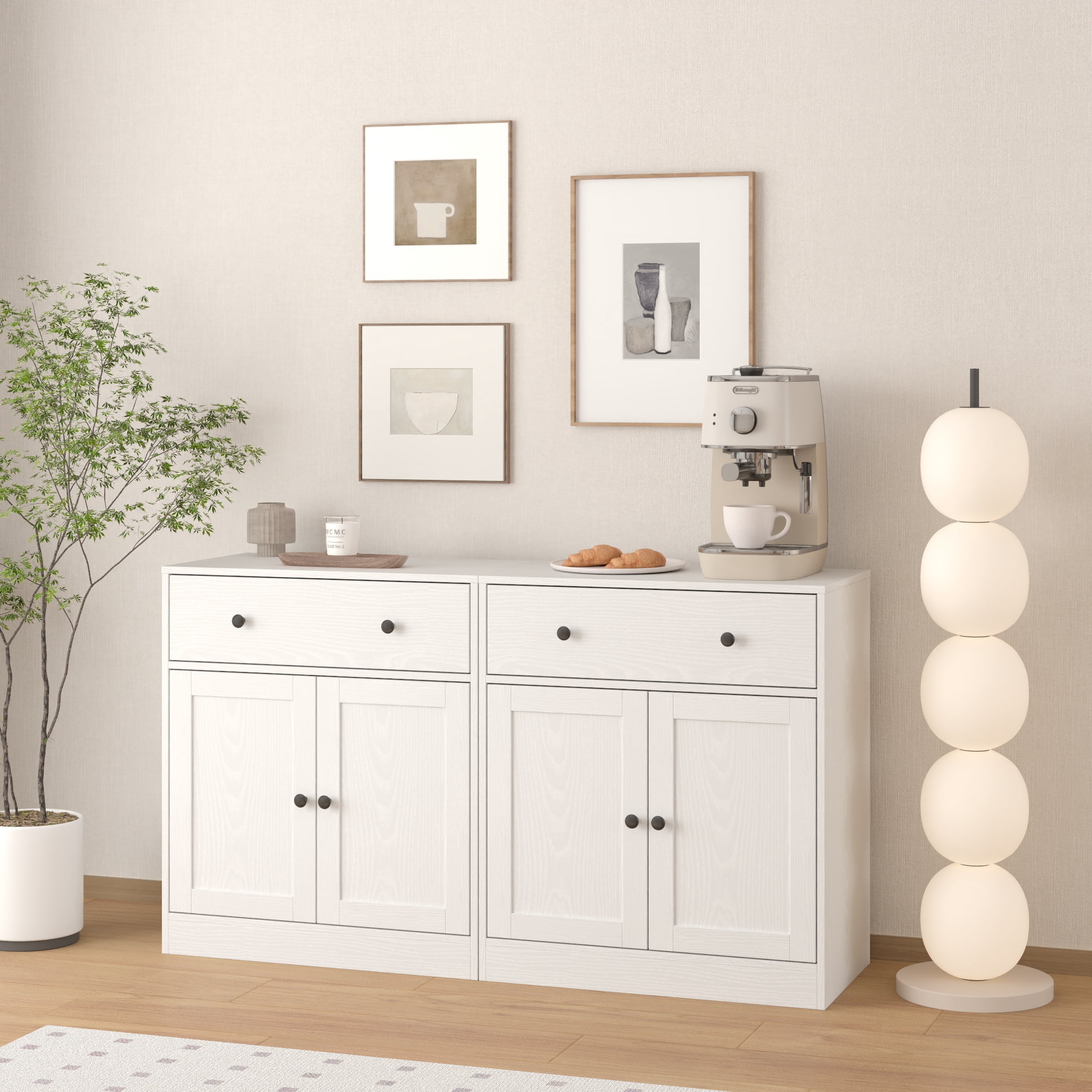 RichYa 4Pcs Kitchen Pantry Storage Cabinet Set,Modular Furniture Cabinets with Display Glass Doors,Hutch Buffet Cabinet with Drawers & Countertop for Dining Room,White