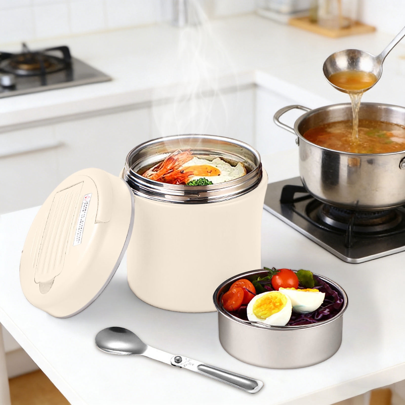 YiJuHui Stainless Steel Lunch Box 1.2L Insulated 3 Compartment Bento with Foldable Spoon, Leak-Proof Thermal Food Container for Office, Work & Outdoor