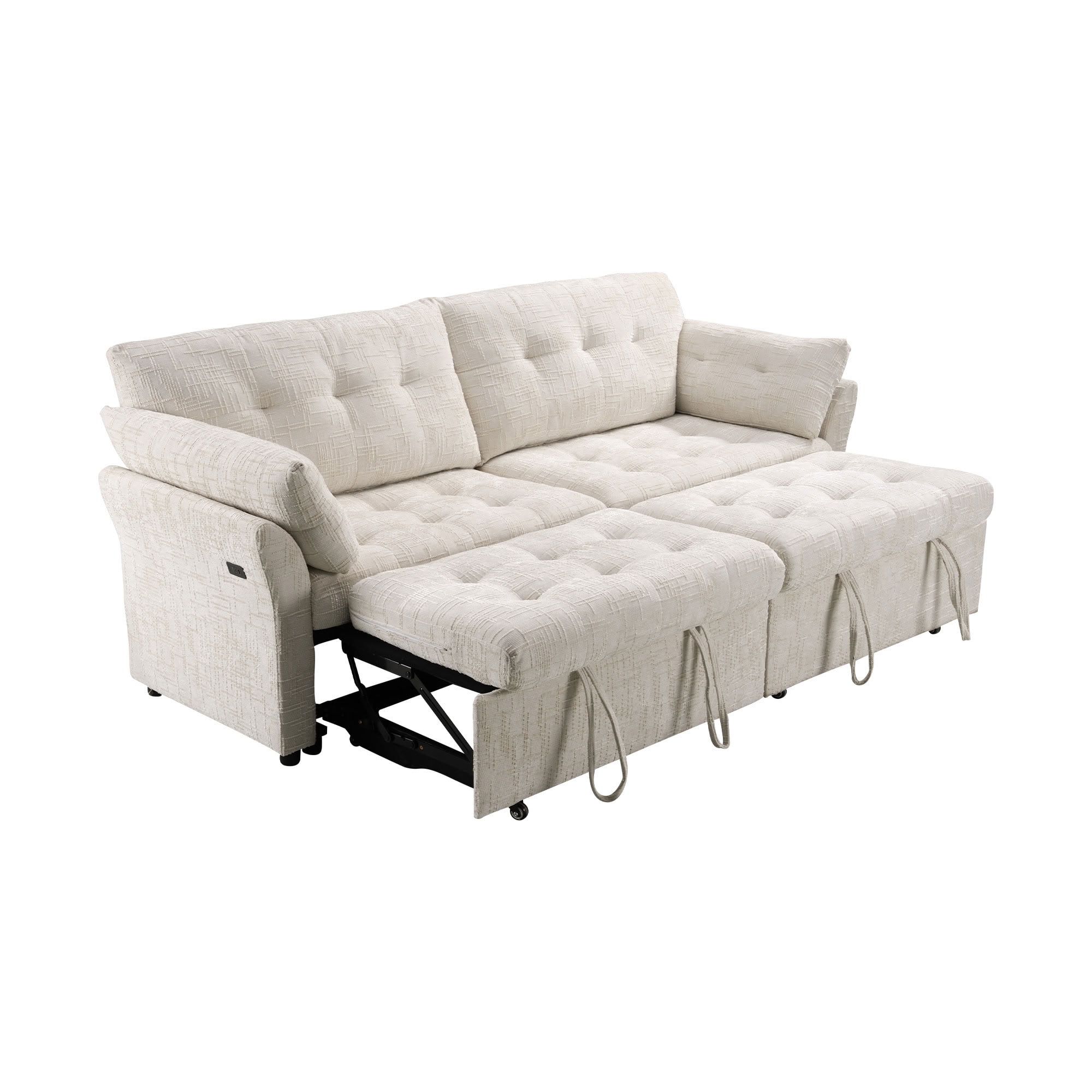 MAYEERTY Convertible Sleeper Sofa with Double Pull-Out Beds, 3-in-1 Tufted Linen Sofa Bed with 180° Flat Backrest, for Living Room, Apartment, Small Space
