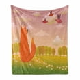 thumbnail image 1 of Cartoon Soft Flannel Fleece Blanket, Animal Fox Wildlife in Valley Farm Sunset with Birds Flower Daisies Artwork, Cozy Plush for Indoor and Outdoor Use, 60" x 80", Orange Lilac Green, by Ambesonne, 1 of 6