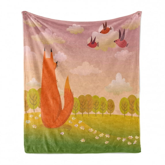 Cartoon Soft Flannel Fleece Blanket, Animal Fox Wildlife in Valley Farm Sunset with Birds Flower Daisies Artwork, Cozy Plush for Indoor and Outdoor Use, 60" x 80", Orange Lilac Green, by Ambesonne