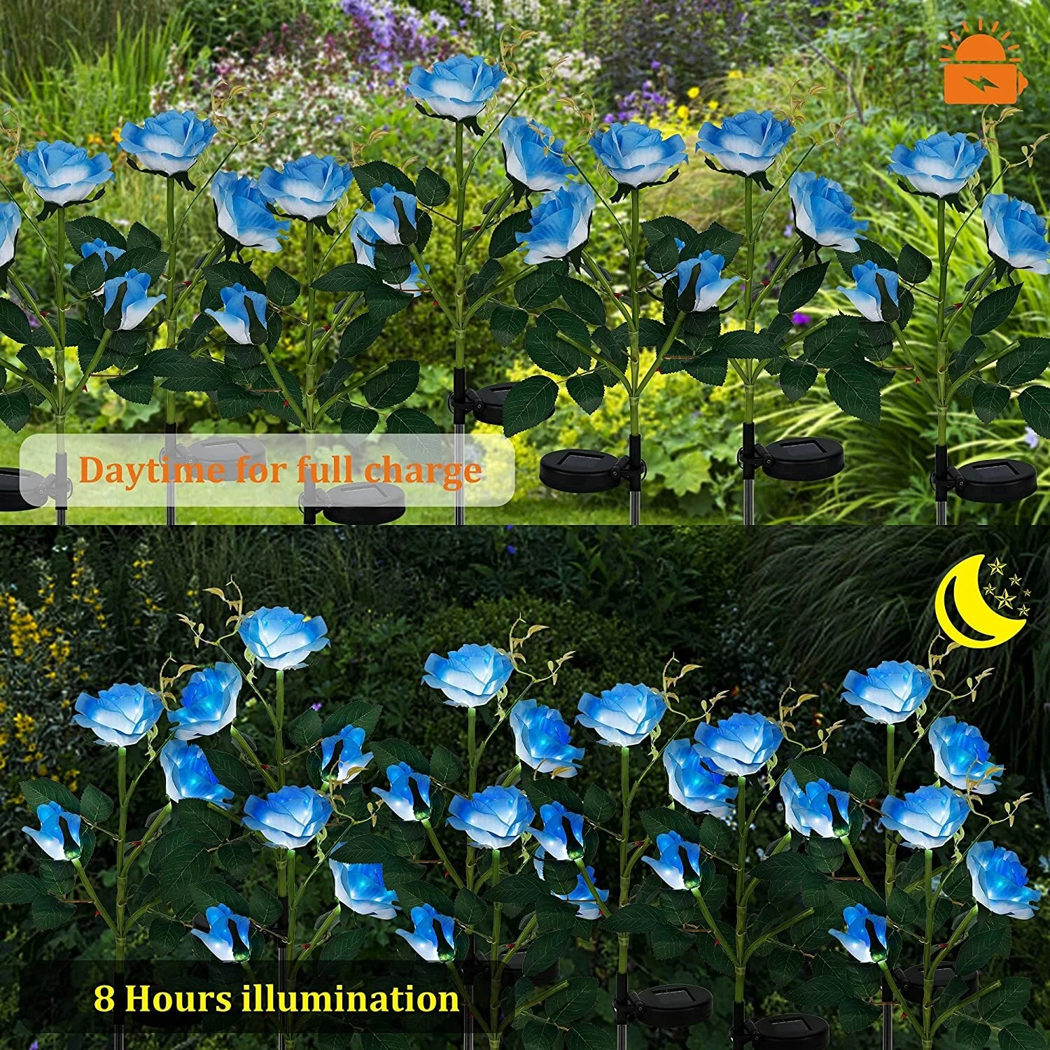 iMeshbean 2 Pack Solar Flowers Lights Outdoor Garden, Waterproof LED Roses Flowers Lights, Blue