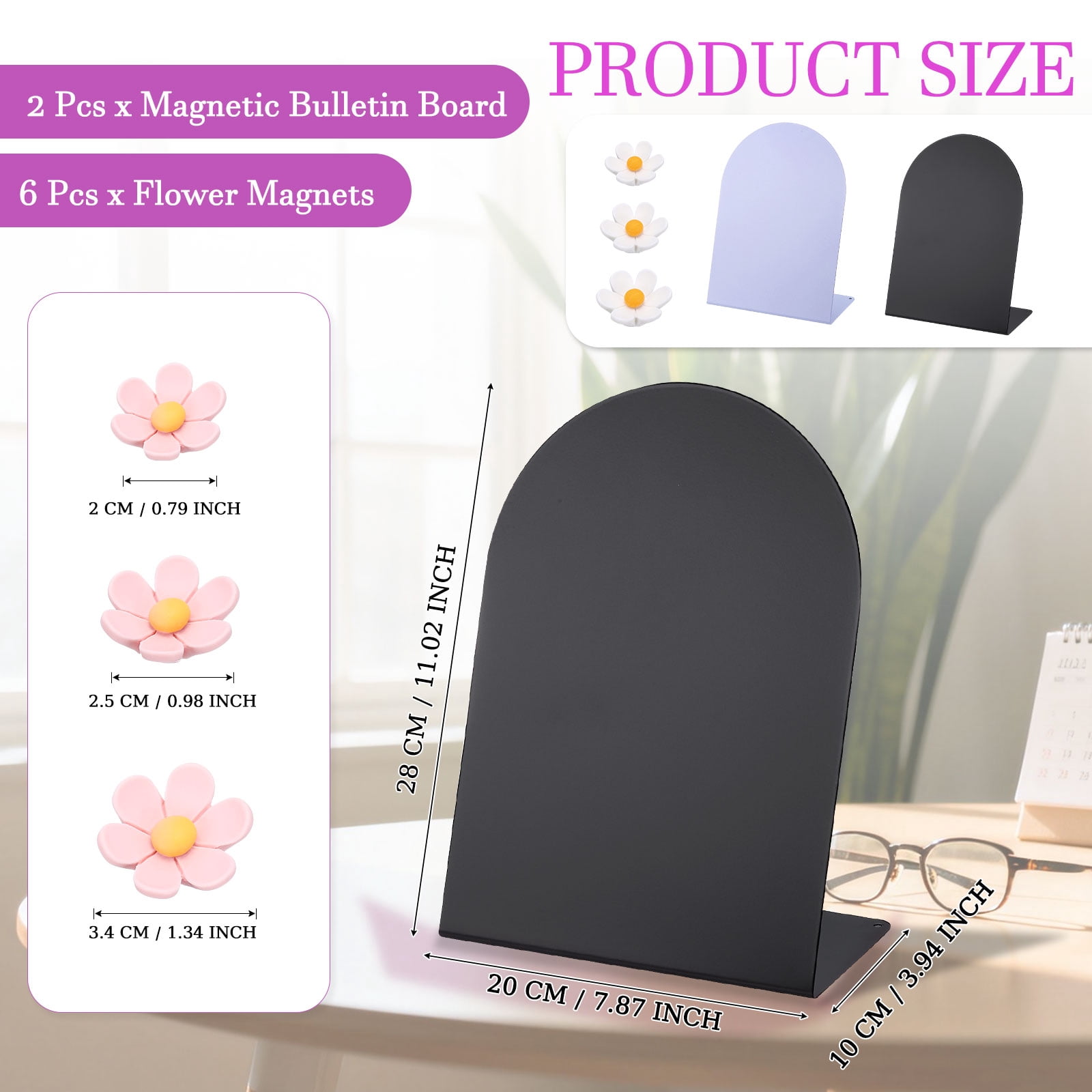 Uxcell 2 Pcs Magnetic Bulletin Board, Memo Magnet Display Stand Board with 6 Flower Magnets for Home Office Kitchen, Black/Purple/Pink