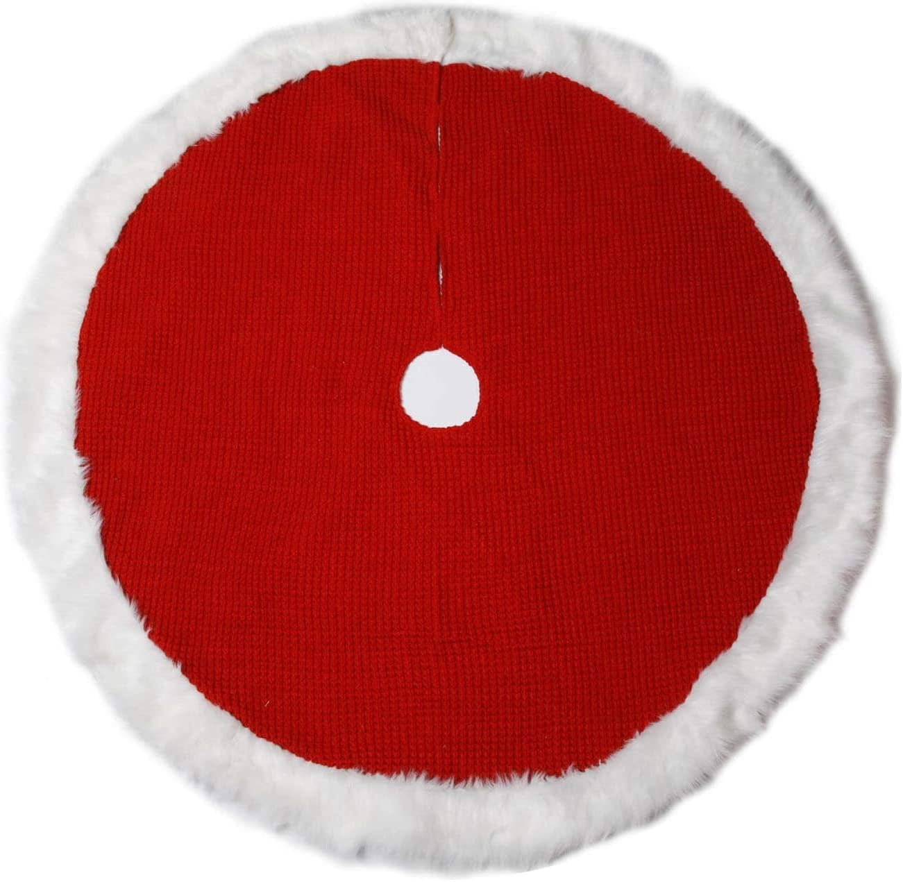 Red Knit Christmas Tree Skirt 48" Diameter, White Trim Faux Fur, Soft