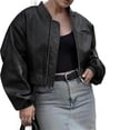 thumbnail image 6 of Womens Faux Leather Bomber Jackets Baseball Collar Zip Up Cropped Biker Coat with Pockets, 6 of 7