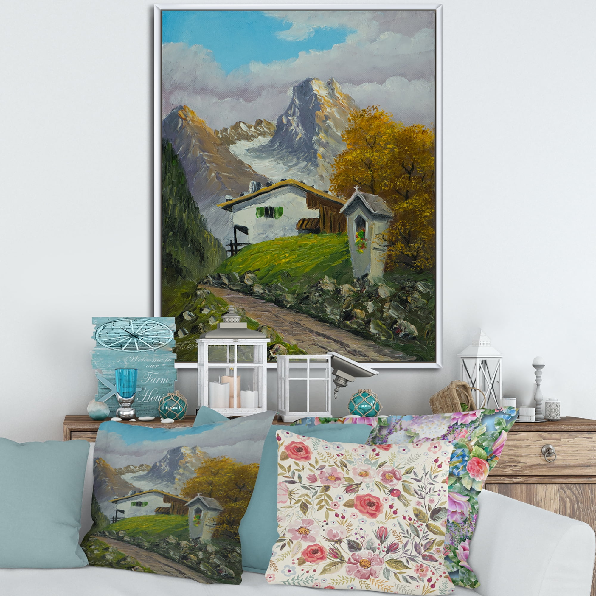 The Path Leading To A House Along Wayside Shrine 16 in x 32 in Framed Painting Canvas Art Print, by Designart