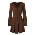 thumbnail image 2 of Furvclv Women Long Puff Sleeve Mini Dress Deep V Neck Solid A-Line Party Casual Dress, 2 of 9