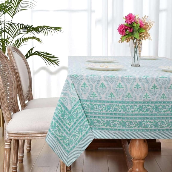 Hand Block Printed Table Cover - Exquisite Design, Premium Cotton Fabric, Perfect for Dining and Decor, Dining Table Linen Color-Aqua Green Size -60x90 Seats 6
