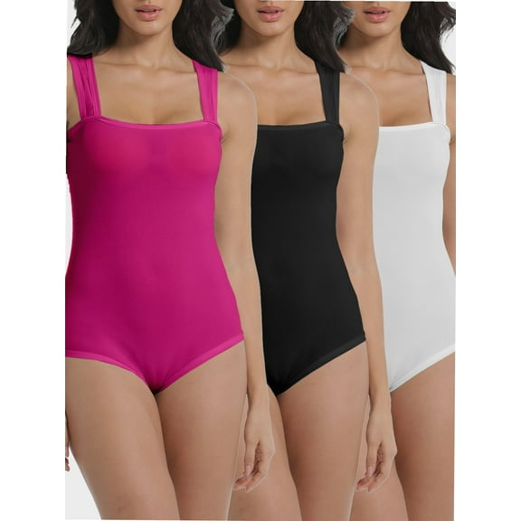 Women's 3 Piece Bodysuits Sexy Ribbed Strappy Square Neck Sleeveless Tummy Control Tank Tops Bodysuits