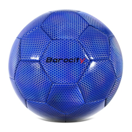 Barocity Soccer Ball - Premium Official Match Ball with Cool Reflective Rainbow Hex Pattern Durable Adult and Kids Soccer Ball for Indoor Outdoor Training Practice Play and Games - Blue Size 4