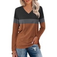thumbnail image 2 of Women T Shirts Patchwork Print Casual Tops with V Neck Long Sleeve Tees for Women Brown L, 2 of 5