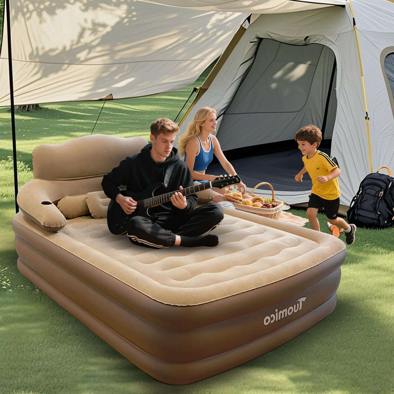 KFeng 18in Queen Brown Inflatable Air Mattress with Headboard,Built-in & Removable Pump,Camping & Home Use