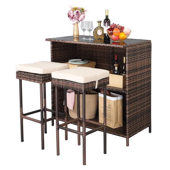 Ktaxon 3-Piece Bar Table Set with 2 Stools, Rattan Pub Table, 40"L x 23"W x 40"H, Brown Gradient
