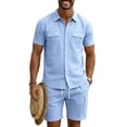 thumbnail image 6 of Men'S Short Sleeve Solid Color Workwear Button Down Shirt With Multiple Pockets And Cargo Shorts Set For Summer Casual Wear,Light Blue,M, 6 of 6