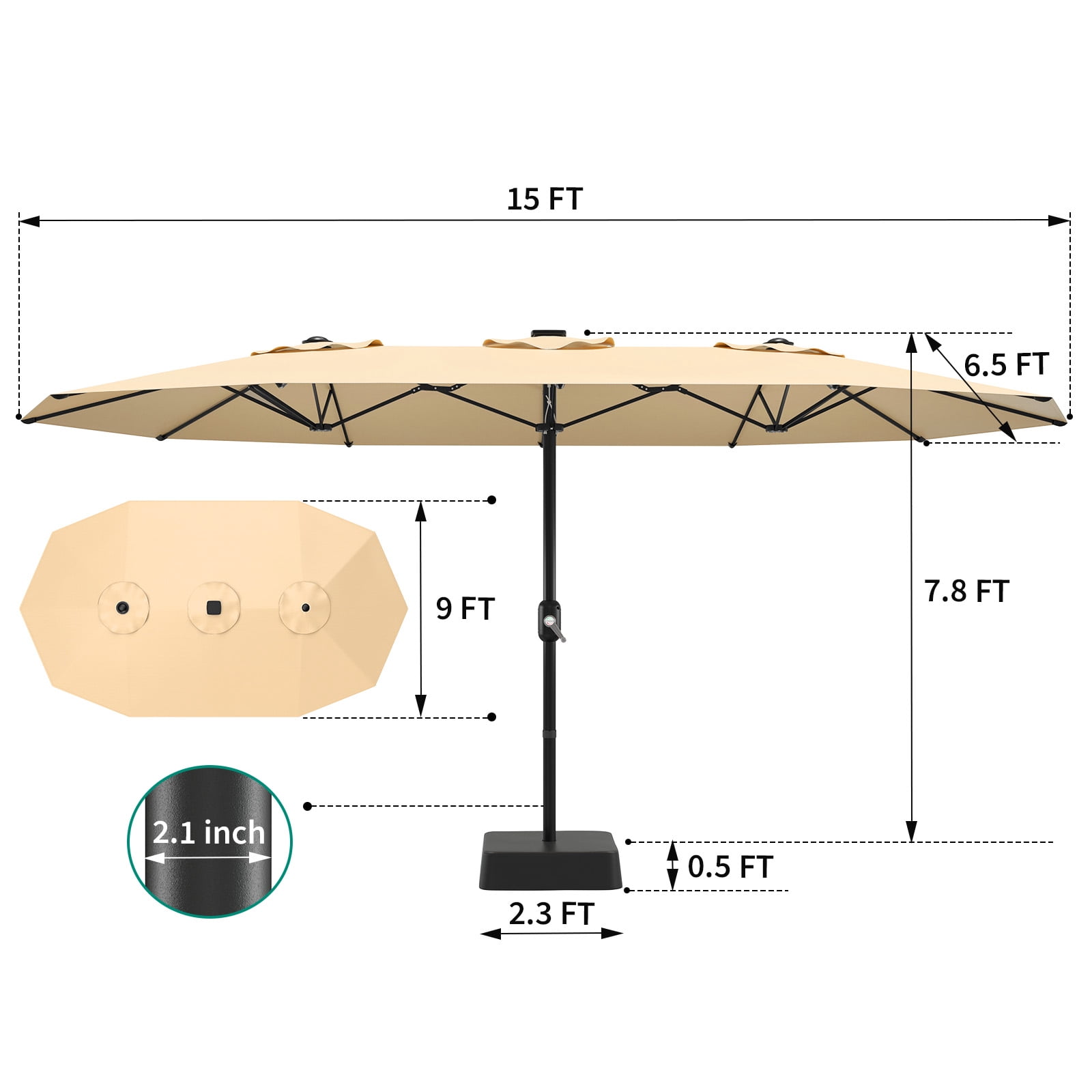 15FT Large Patio Umbrella with Base Included,Double-Sided Outdoor Market Rectangle Umbrellas Oversized Shade for 2-8 People,Weighted Base for Pool,Deck,Backyard