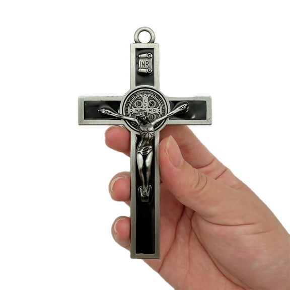 Antique Silver Crucifix Wall Cross-St. Benedict Metal Wall Art-5.0 InchX2.7 Inch Black Enamel Give Blessing and The Spiritual Sacred:Faith Gift for your Acquaintances
