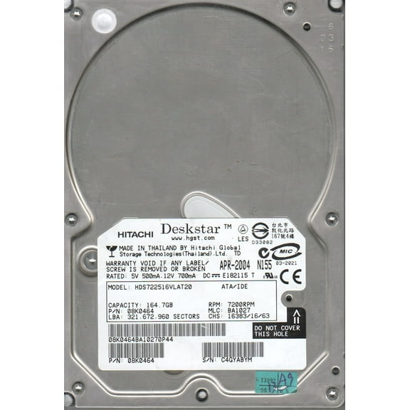 HDS722516VLAT20, PN 08K0464, MLC BA1027, Hitachi 164.7GB IDE 3.5 Hard Drive