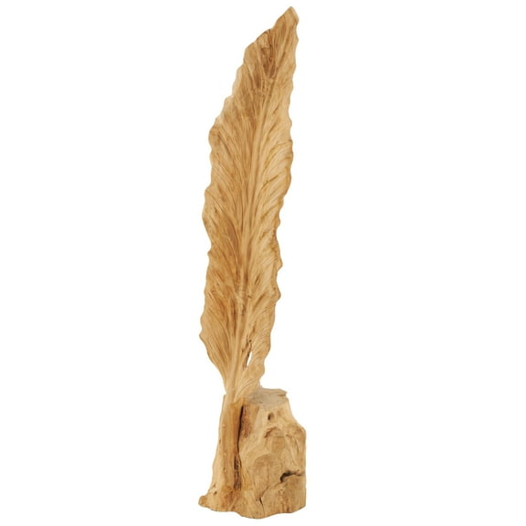 9" x 46" Brown Teak Wood Live Edge Floor Leaf Sculpture with Tree Stump Base, by DecMode