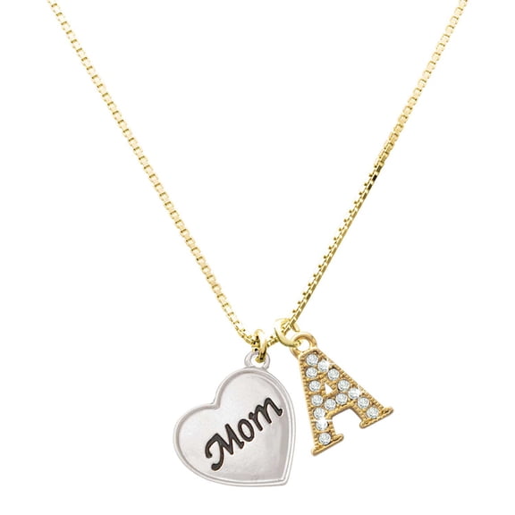 Delight Jewelry Silver-tone Script Mom Heart - Large Goldtone Crystal Initial - A - Charm Necklace, 17.5" 2"