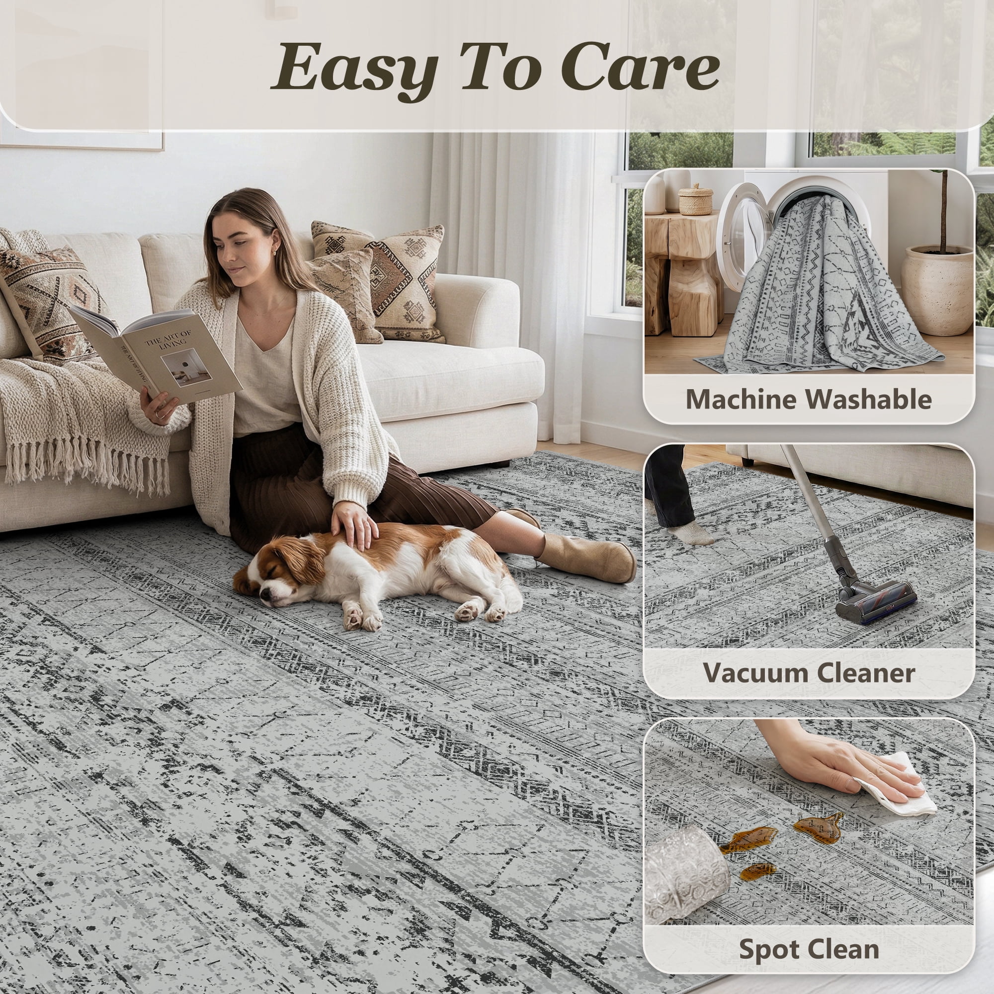 SIXHOME 5'x8' Area Rugs for Living Room Washable Rugs Boho Geometric Living Room Rug Moroccan Neutral Carpet Non Slip Soft Distressed Rugs for Bedroom Dining Room Office Modern Home Decor Black