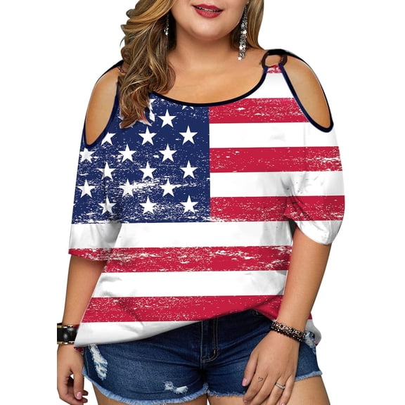 KimSoong Women Plus Size Cold Shoulder American Flag T-Shirt 4th of July Tee USA Flag Print Shirt 250 Years Patriotic Tee Tops