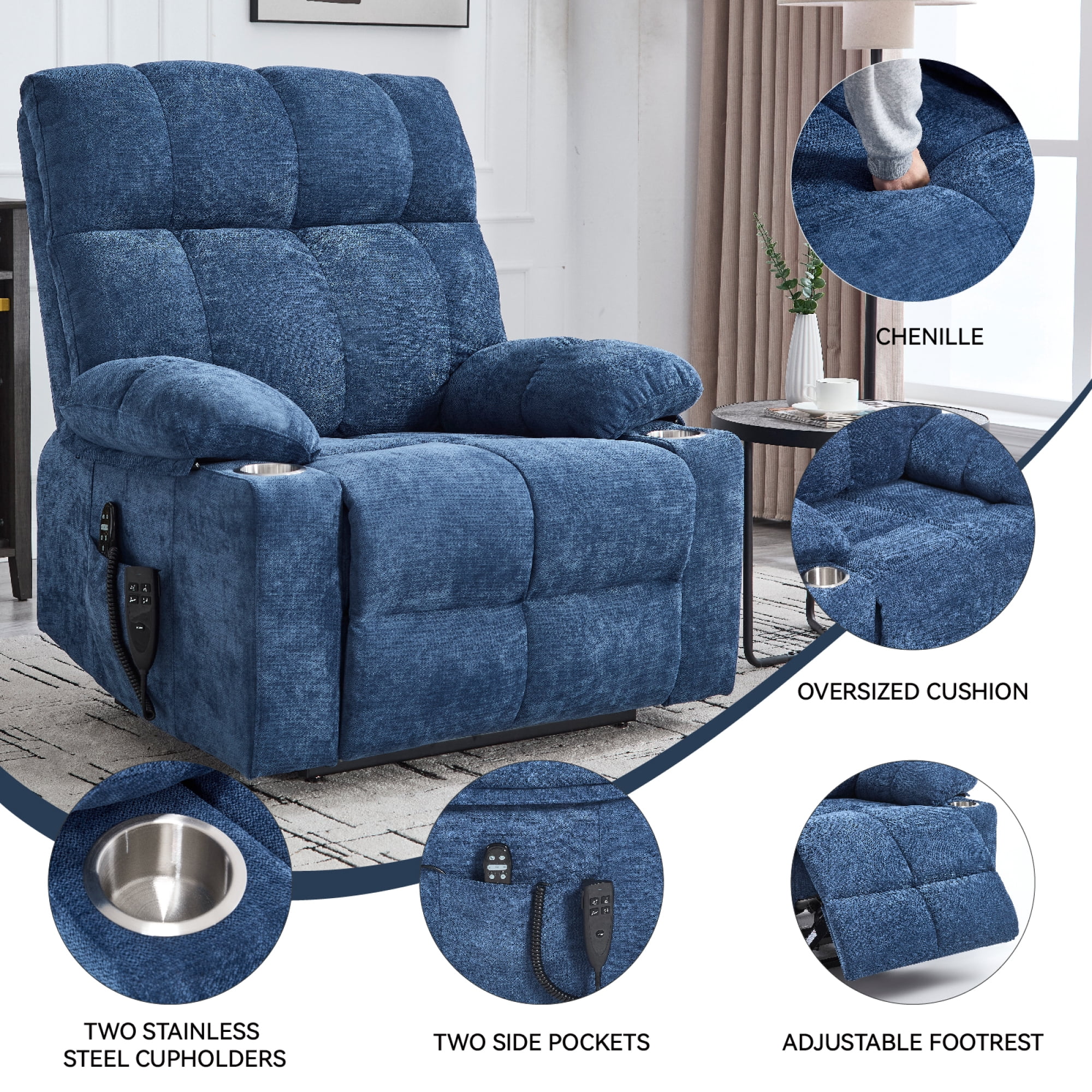 Leumius Power Lift Recliner Chair for Elderly,Heavy Duty Recliner with 8-Point Vibration Massage and Lumbar Heating,Infinite Position,Up to 350 LBS,Blue