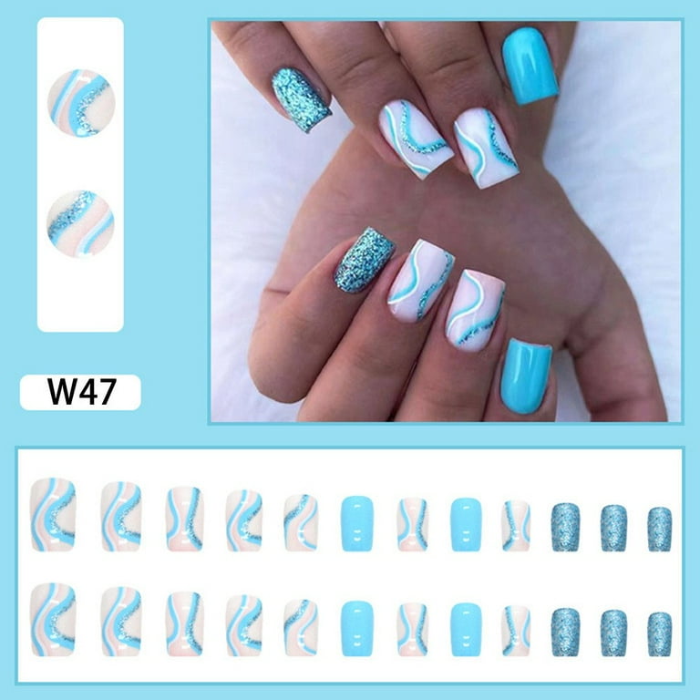 BEBUTTON 24pcs Fake Nails Press on Nails Long Square Nail Tips Dyed Print for Women Girls Fake Nails Glossy and Nail Glue Blue