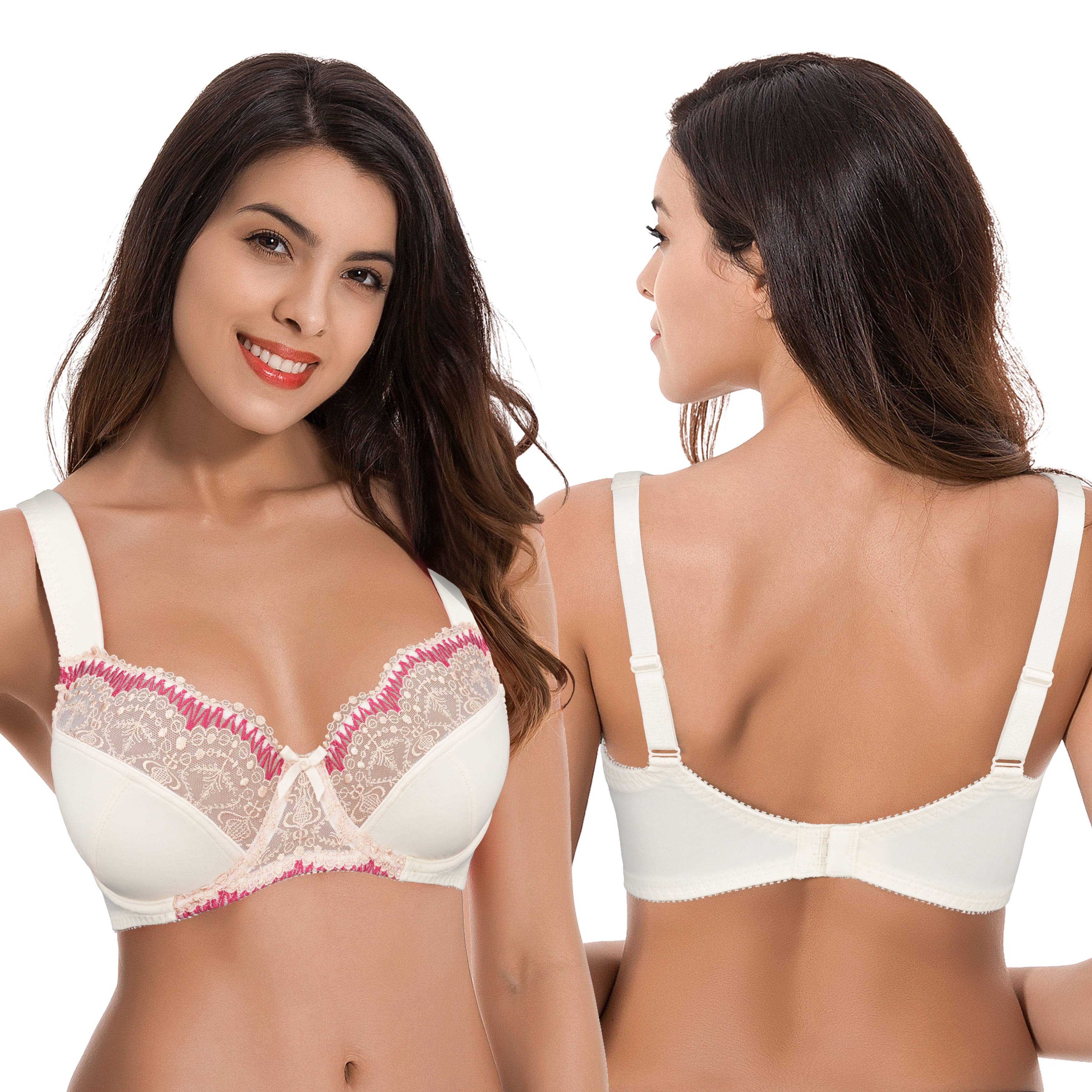 Curve Muse Plus Size Minimizer Underwire Bra With Lace Embroidery-2 Pack-BLUE HAZE,LT PINK-34DDD