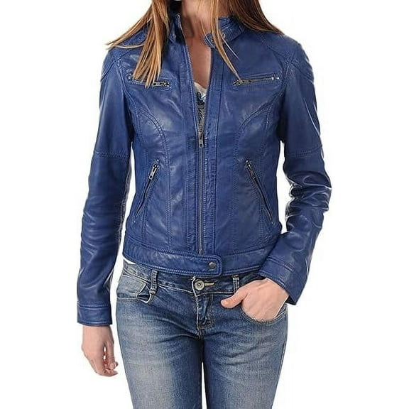 HOT Women's Genuine Blue Lambskin Real Leather Jacket Stylish Biker Coat W592