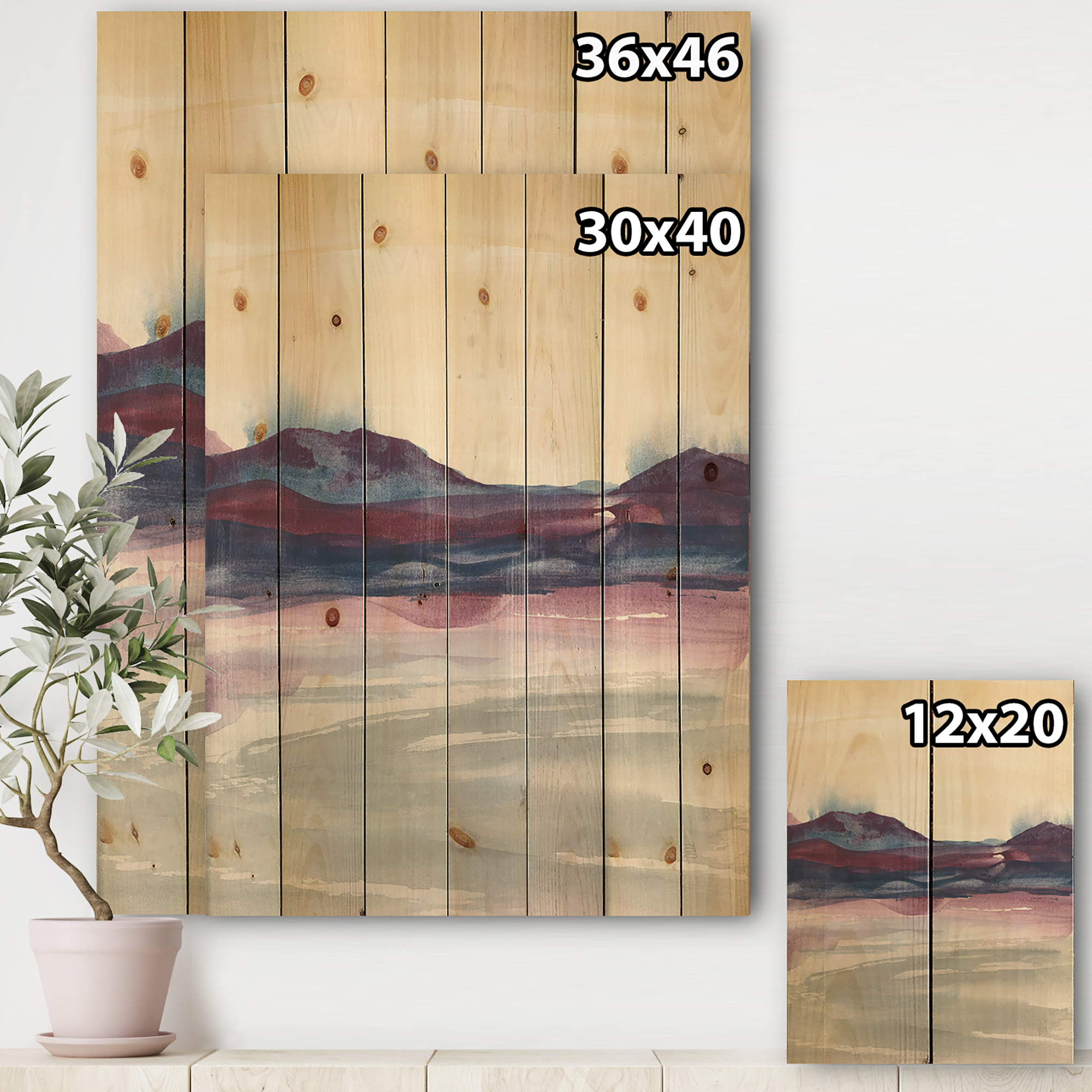Designart 'Shabby Watercolor on Purple II' Shabby Chic Print on Natural Pine Wood
