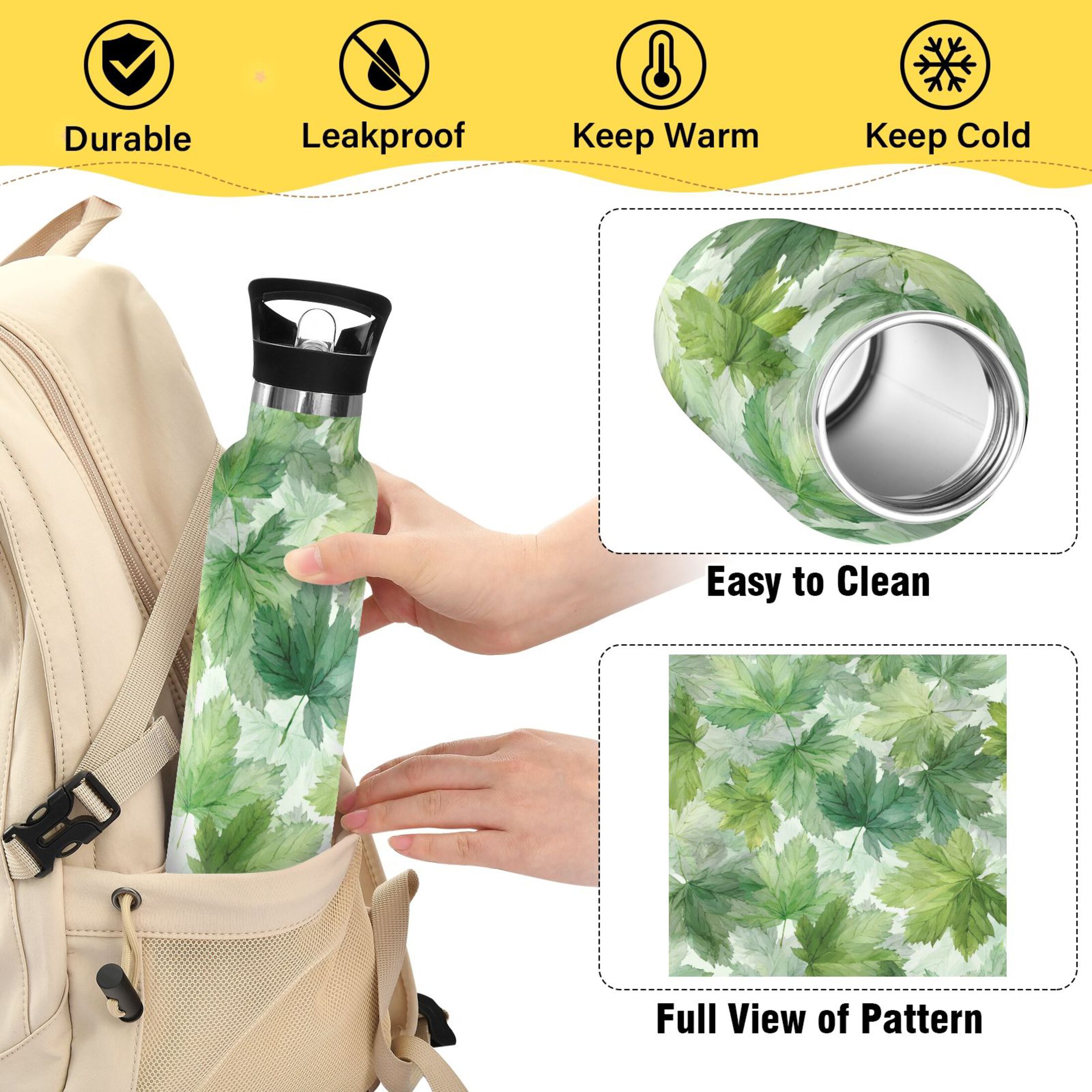 600ML Stainless Steel Insulated Cup Sports Water Bottle Portable Thermos Cup Water Glasses Insulated Tumblers Convenient and Durable Green Maple Leaves