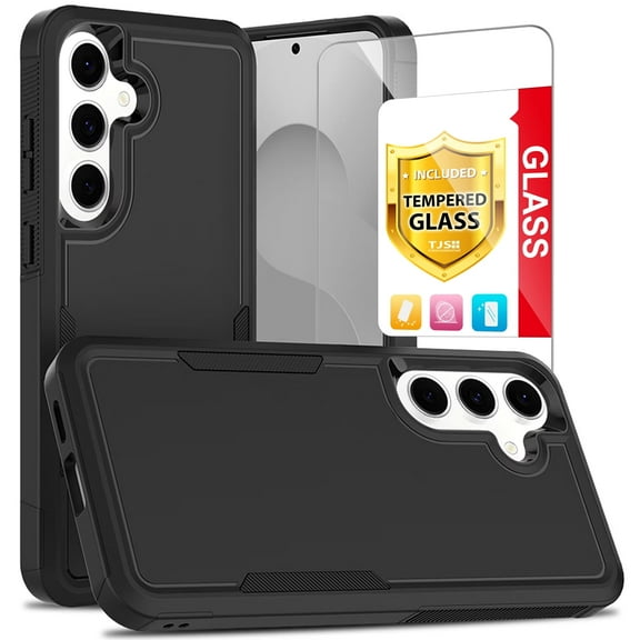 TJS for Samsung Galaxy S25 FE Phone Case, with Tempered Glass Screen Protector, Heavy Duty Rugged Shockproof Full Body Protection Cover for Samsung S25 FE (Black)