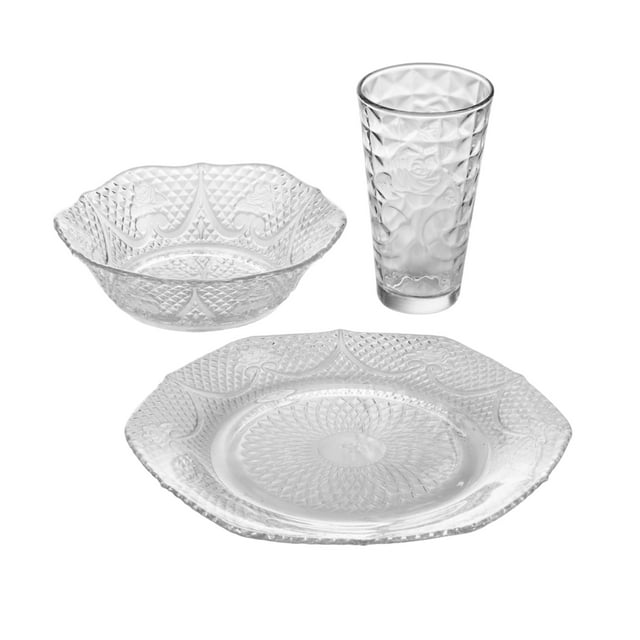 Vajilla de 9 Piezas Crisa de Vidrio Diseño Diamante Transparente que incluye plato, vaso y tazón con patrón texturizado en relieve de diamantes y flores, fabricada en vidrio transparente apta para uso doméstico, lavavajillas, sin retener olores ni manchas, ideal para ocasiones especiales y uso diario.