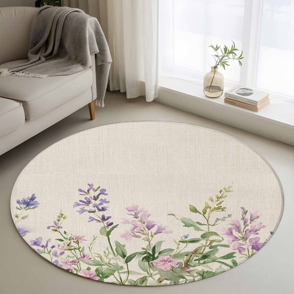 Flowers Lavender Round Rug 3ft Washable Circle Entryway Rugs Non Slip Retro Cottagecore Blooms Green Leaf Area Rug Indoor Floor Carpet for Bedroom Kitchen Living Room Home Office Dining Room Nursery