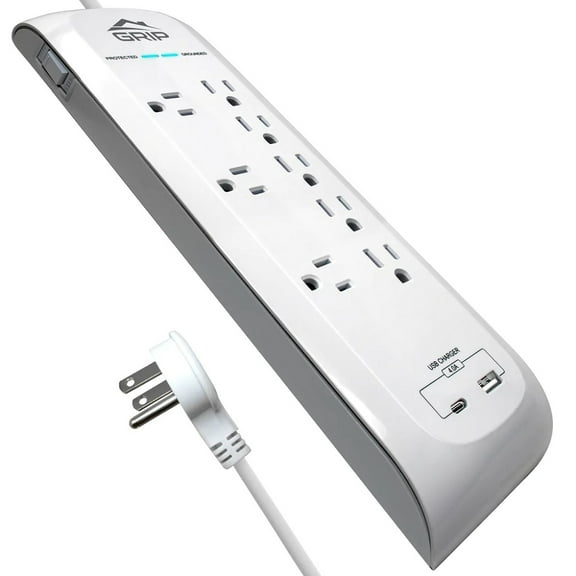 GRiP 8 Outlet Surge Protector with 1 USB & 1 USB-C Port - White